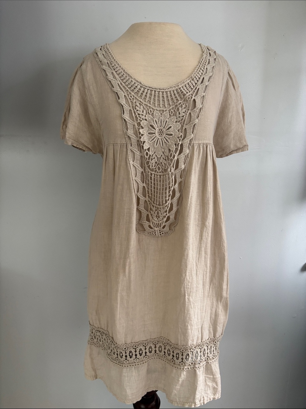 Boho Crochet Front Linen Tunic Top - Neutral Beige
